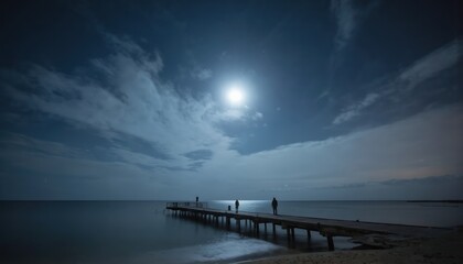 Two figures stand on wooden pier at night under full moon. Silhouettes against glowing moonlit sky and calm ocean water. Eerie mist and soft reflections create mysterious, peaceful atmosphere.