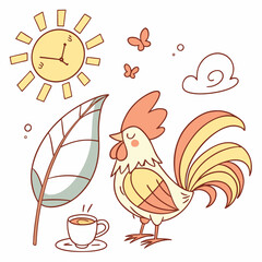 Vector illustration of a Amused Rooster with with a giant leaf, styled in a Morning sunshine theme using Sunny Mornings colors