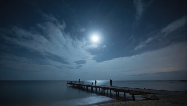 Two figures stand on wooden pier at night under full moon. Silhouettes against glowing moonlit sky and calm ocean water. Eerie mist and soft reflections create mysterious, peaceful atmosphere.