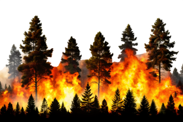 forest fire with silhouette trees and smoke isolated on white background, png, ai generated.