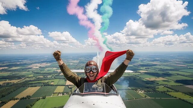Vintage biplane stunt pilot celebrating triumphant aerial performance with red scarf flowing while aircraft performs upside down maneuvers over farmland
