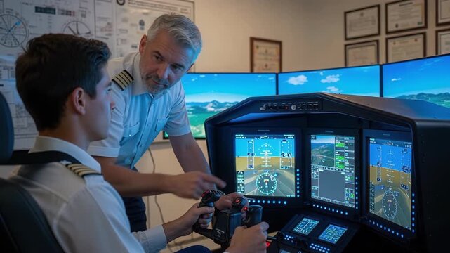 Aviation instructor teaching student pilot in cockpit with professional guidance and educational interaction during flight training session
