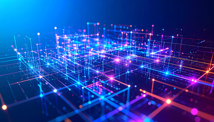 Dynamic glowing lines and bright nodes illustrate a complex technological network infrastructure.
