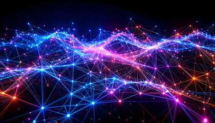 Vibrant abstract network of luminous nodes and lines symbolizing global data flow and interconnected technology
