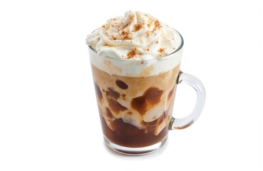 Affogato dessert served in a glass mug. Rich coffee, ice cream, and whipped cream topped with cinnamon. Cold sweet beverage perfect for a refreshing treat or coffee break.