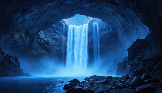 Mystical blue waterfall cascades into serene cave pool under starry night sky. Ethereal glow illuminates rock formations and misty atmosphere. Fantasy landscape evokes wonder and tranquility.