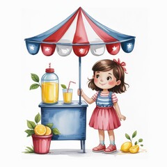 Charming Watercolor Illustration of a Girl at a Lemonade Stand on a Sunny Day