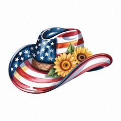 Watercolor Illustration of a Patriotic Cowboy Hat Adorned With Sunflowers and American Flag Colors