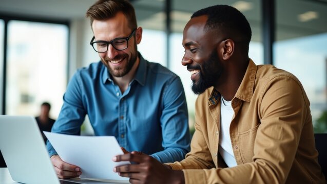 Two men smiling and looking at a document in front of a laptop in an office environment - Powered by Adobe