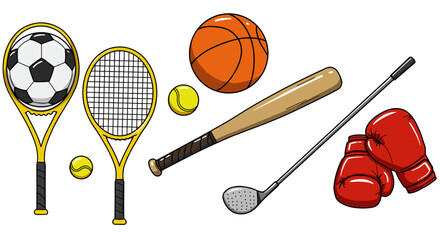 Illustration showing soccer ball in tennis racket, tennis racket, basketball, baseball bat, golf club, and boxing gloves