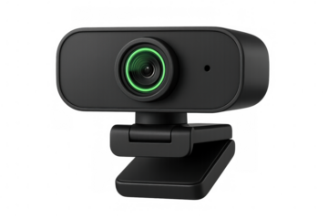 Black webcam with illuminating green indicator, showcasing contemporary technology against clean transparent backdrop