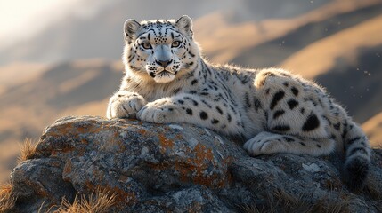 Fototapeta premium Snow leopard resting on a rock, sunlit mountain backdrop