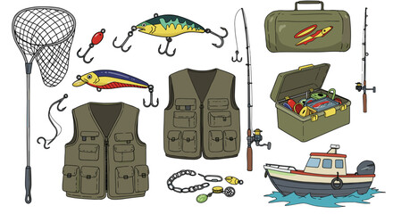 Illustration of fishing gear including fishing rods tackle box boat vests and various fishing lures and nets