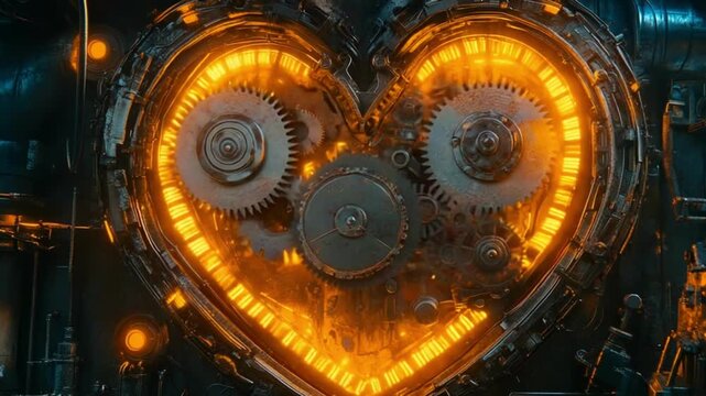 Heart-shaped machinery with glowing outline and visible gears, rendered in deep shadows