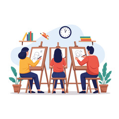 Three people are drawing on easels in an art class, with shelves, plants, and a clock in the background.