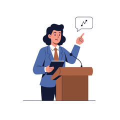 Woman in a blue suit stands at a podium, holding a tablet, pointing at a speech bubble with a rising graph.