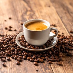Obraz premium A cup of coffee on a wooden table surrounded by coffee beans