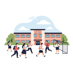 Students running towards school building with backpacks and books, excited for class, on a sunny day with blue sky and clouds.