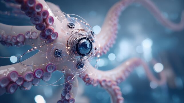 Octopus inspired soft robotic system navigating marine depths, utilizing integrated sensors and cameras for advanced underwater data collection and environmental monitoring