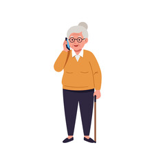 An elderly woman with glasses and a bun is talking on her smartphone while holding a cane.