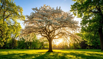 Obraz premium Blossoming tree in park at sunset