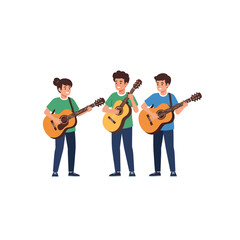 Three young people playing acoustic guitars, standing side-by-side, enjoying making music together in a casual setting.