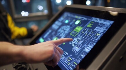 Fototapeta premium A detailed shot of an operators hand interacting with a touchscreen panel highlighting the intuitive navigation through various monitoring options and the use of finger gestures to