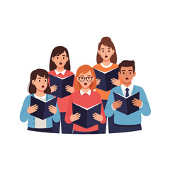A group of five people, three women and two men, are singing together from songbooks, mouths open in harmony.