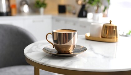 Fototapeta premium A cup of coffee on a marble table in a kitchen