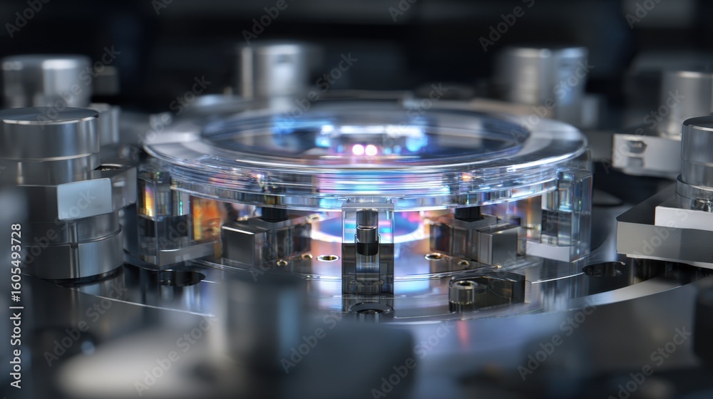 Poster complex optical assembly showcasing microcavities and waveguides meticulously arranged for efficient