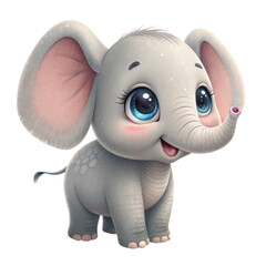 Fototapeta premium Cute cartoon baby elephant with big blue eyes isolated on transparent background isolated on white background