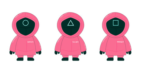 Set of three illustrated characters in pink hooded outfits with circle, triangle, and square symbols on their black masks labeled Worker, Soldier, and Manager. Vector art