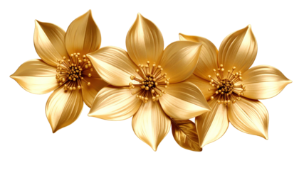 Three golden flowers isolated on a transparent background.