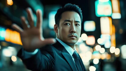 Asian man in a suit with a confident expression, standing on a city street at night. Motion blur captures the vibrancy of the urban setting.