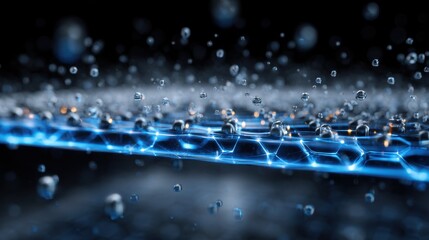 Water droplets forming and falling from a graphene membrane, symbolizing advanced water purification and desalination technology with a futuristic blue glow