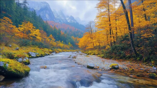 A tranquil autumn forest with a clear stream