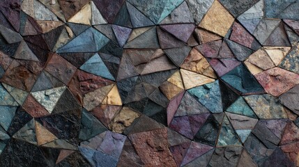 Abstract geometric mosaic of triangular and polygonal shapes in earth-tone colors create a natural, textured pattern.
