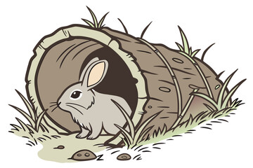 Rabbit emerging from tunnel in grass with natural surroundings  