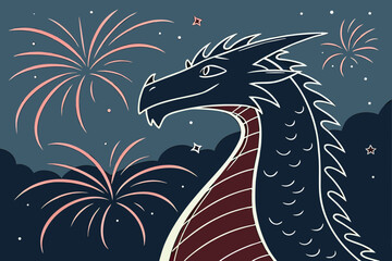 Dragon silhouette under fireworks in night sky celebration  