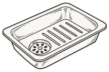 Kitchen sink tray in detailed line art style on transparent background  