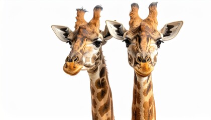 Twin giraffes on white background in high-key style representing wildlife conservation, exotic nature and playful animal companionship