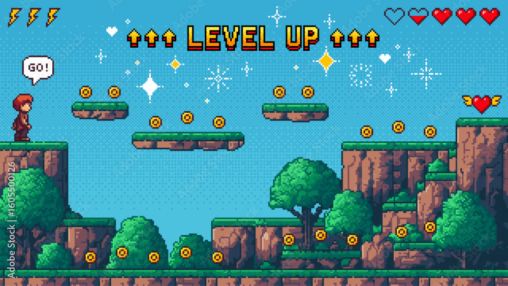 Poster Pixelated game scene from a platformer with a character on a cliff and floating coins. Retro gaming art vector for mobile app or web development.