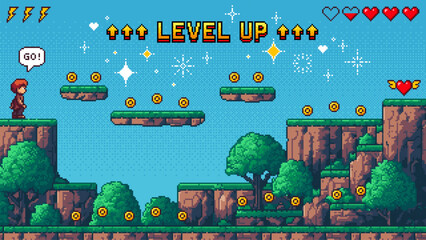 Pixelated game scene from a platformer with a character on a cliff and floating coins. Retro gaming art vector for mobile app or web development.