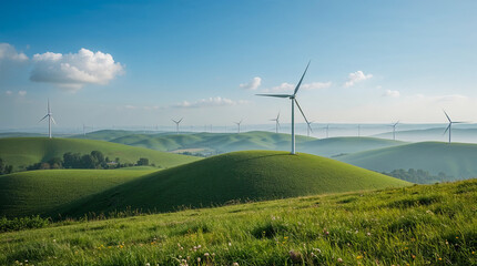 A vast green landscape with rolling hills dotted with wind turbines under a clear blue sky with scattered clouds. Sustainable energy.