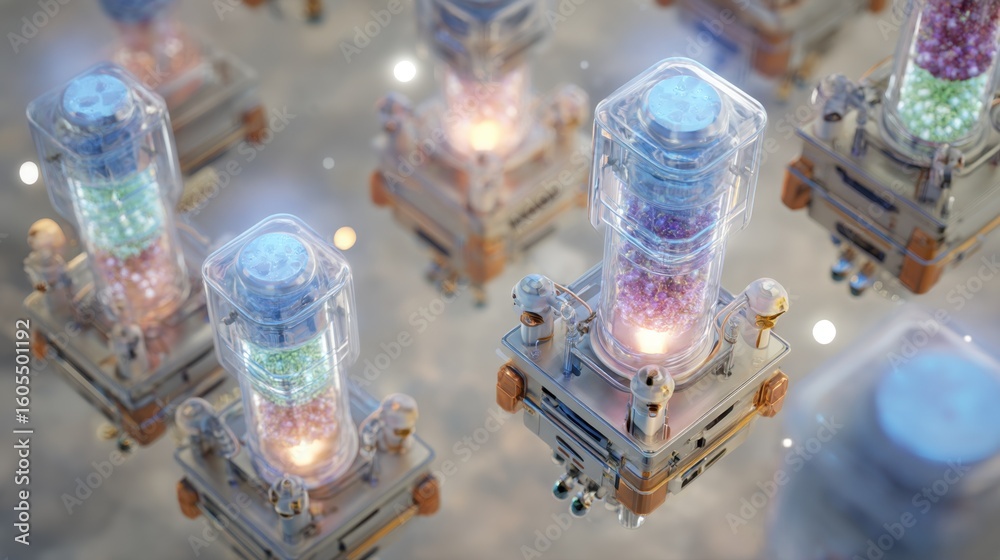 Poster compact modular bioreactors float gently in a pristine laboratory environment, showcasing their effi