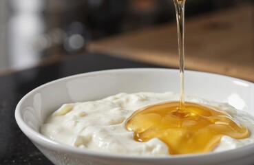 Close-up of golden honey pouring onto creamy white yogurt in a bowl. Bright kitchen setting enhances food photography. Smooth nectar drip creates contrast, harmony, and visual delight.