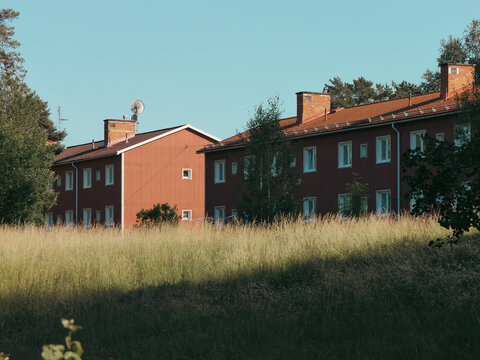 Buildings next to a field