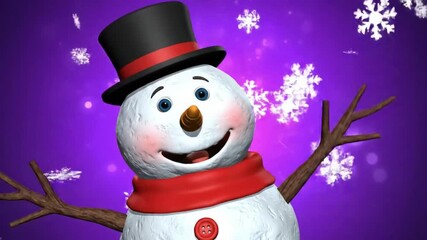 Joyful animated snowman with festive snowflakes falling on purple background - Powered by Adobe