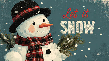 Cute Snowman with Let It Snow Text in Vintage Style