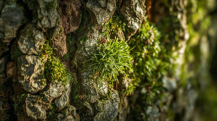 Close-up view of moss and lichen growing on rough tree bark, illuminated by soft sunlight. Nature's intricate details in the forest.